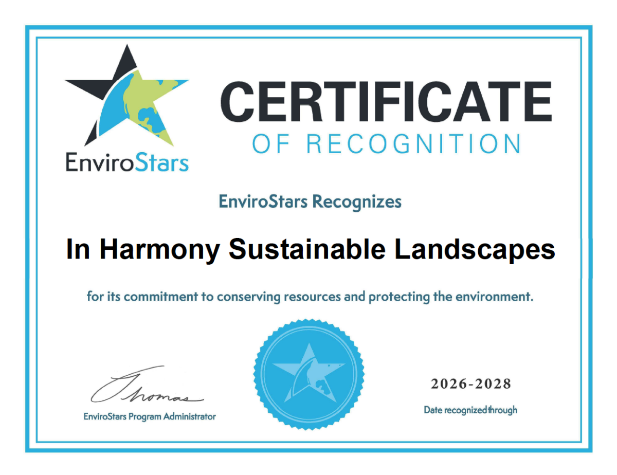 EnviroStars certificate of recognition, In Harmony Sustainable Landscapes
